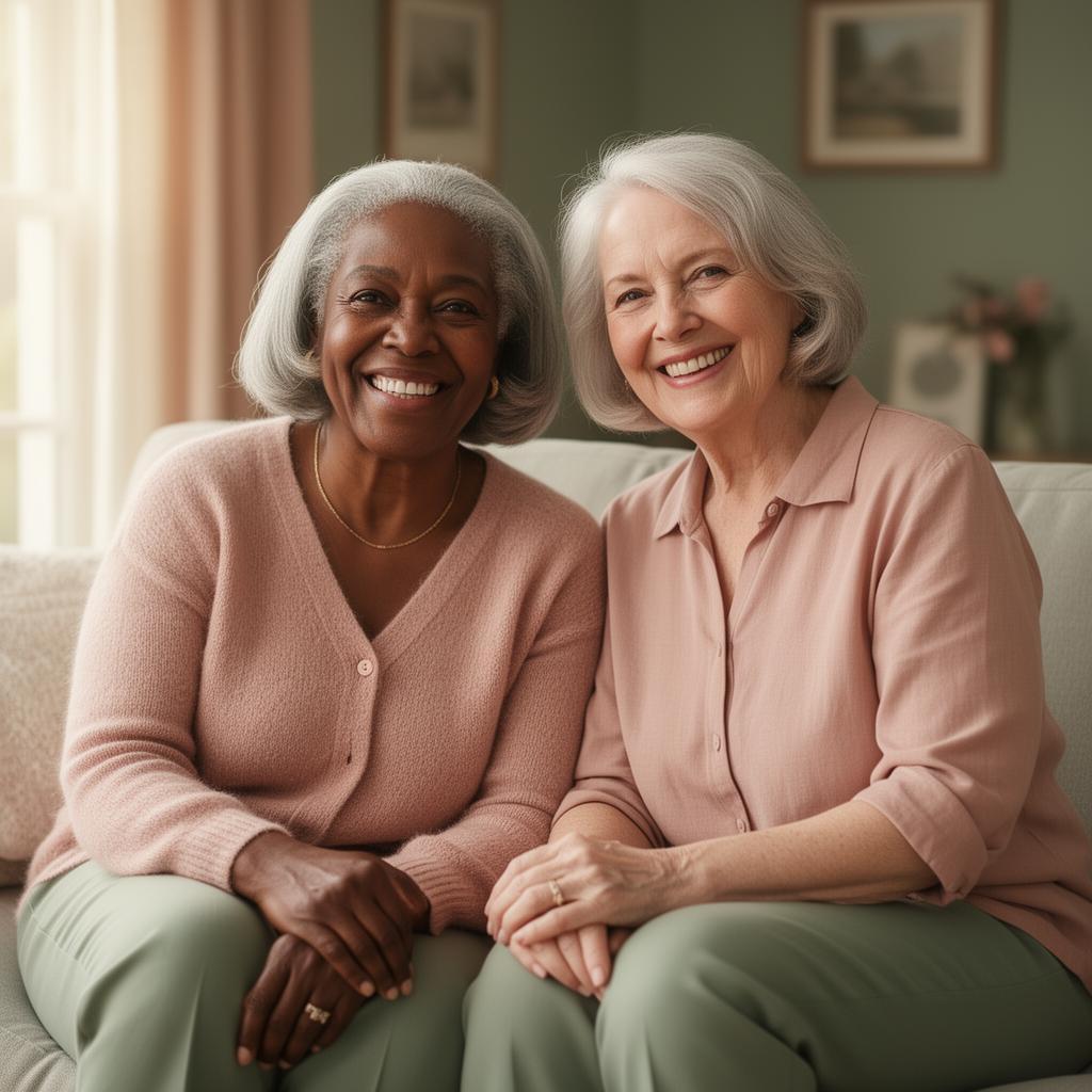 Two women — one African American, one Caucasian — standing together warmly and smiling, representing companionship and connection