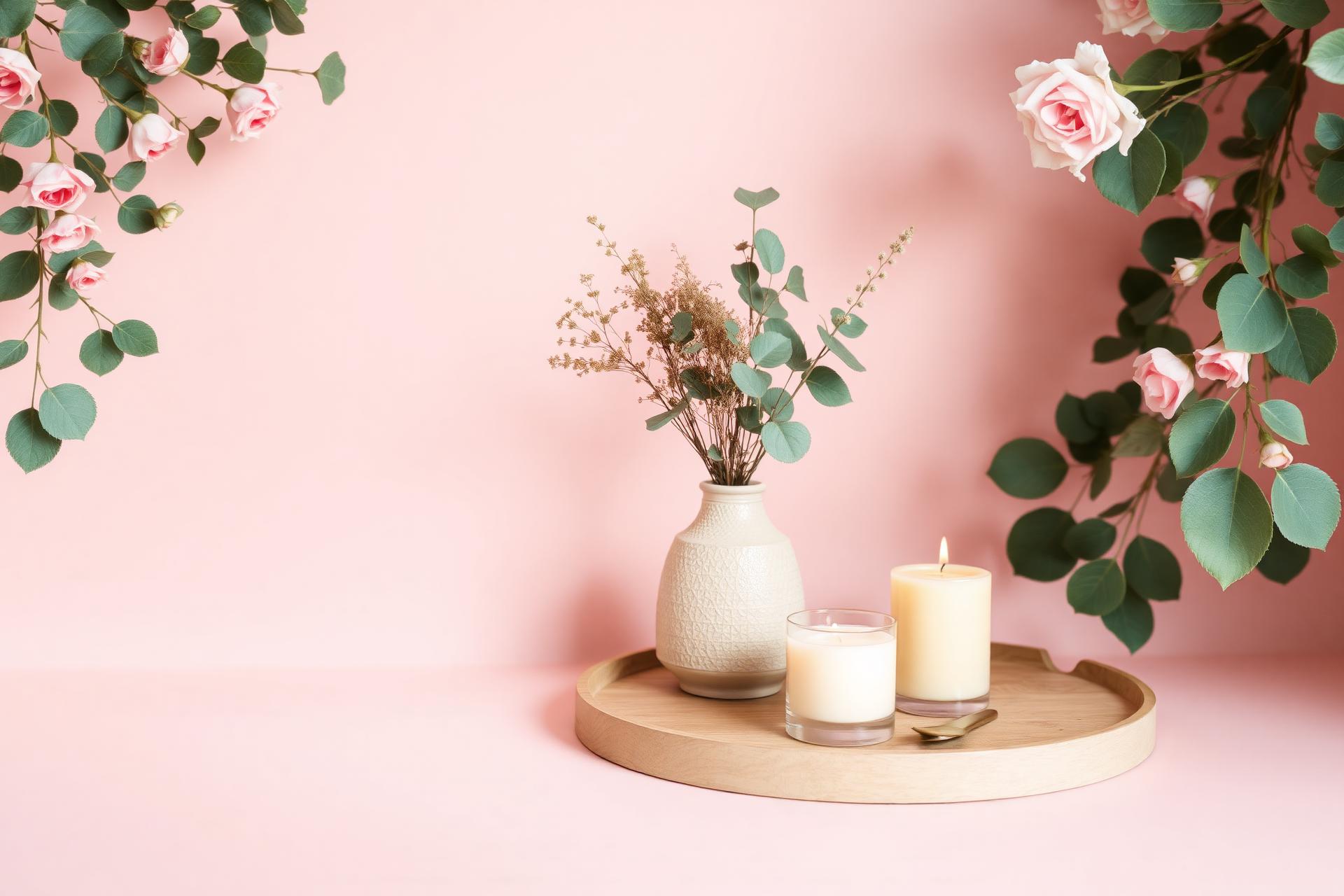A peaceful blush setting with candles, eucalyptus and roses — comfort and presence